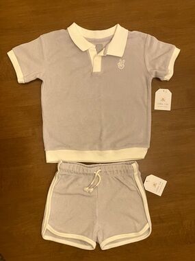 4T Kids' Light Lavender Terry Cloth Shorts Set, Cream Trim. 85% Organic Cotton.